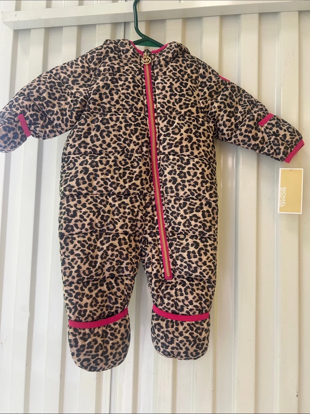 MICHAEL Michael Kors Leopard-Print Puffer One-Piece Pink Trim 0-6 M NWT